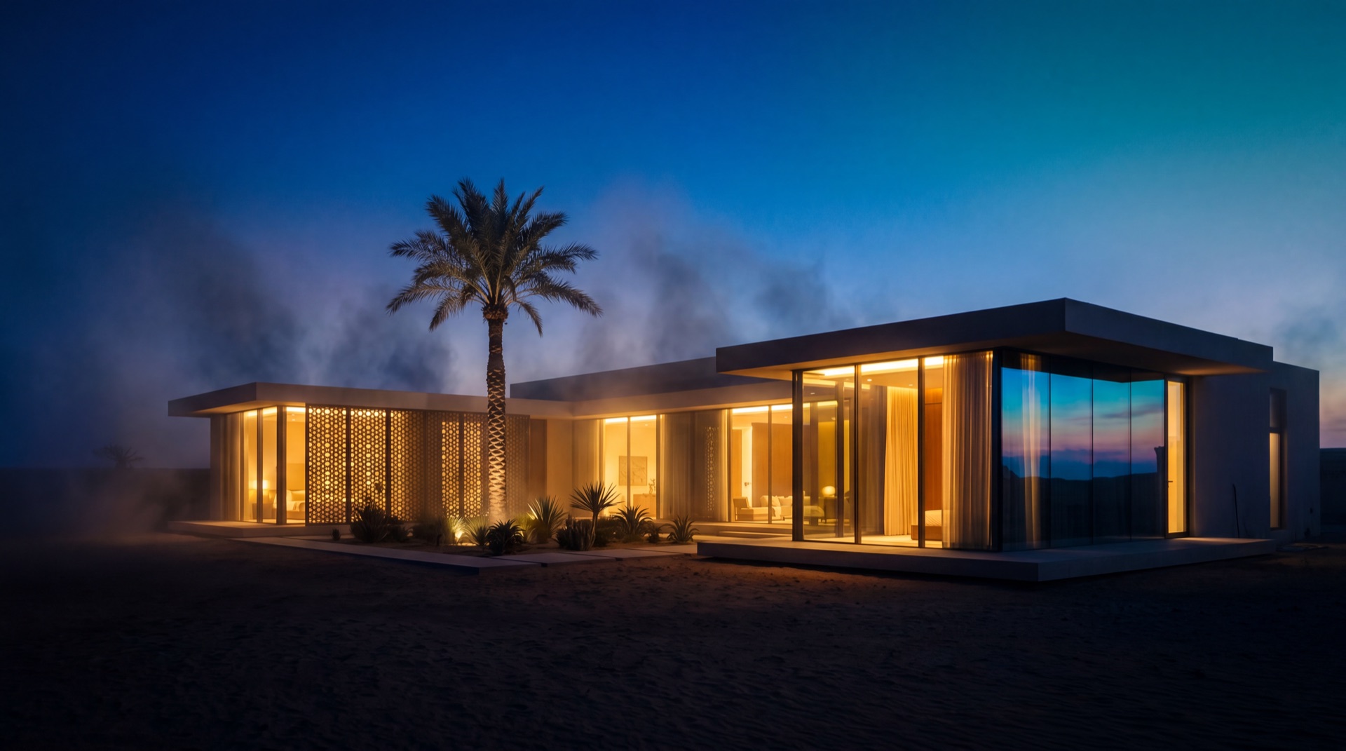 Finished modern Gulf villa at blue hour